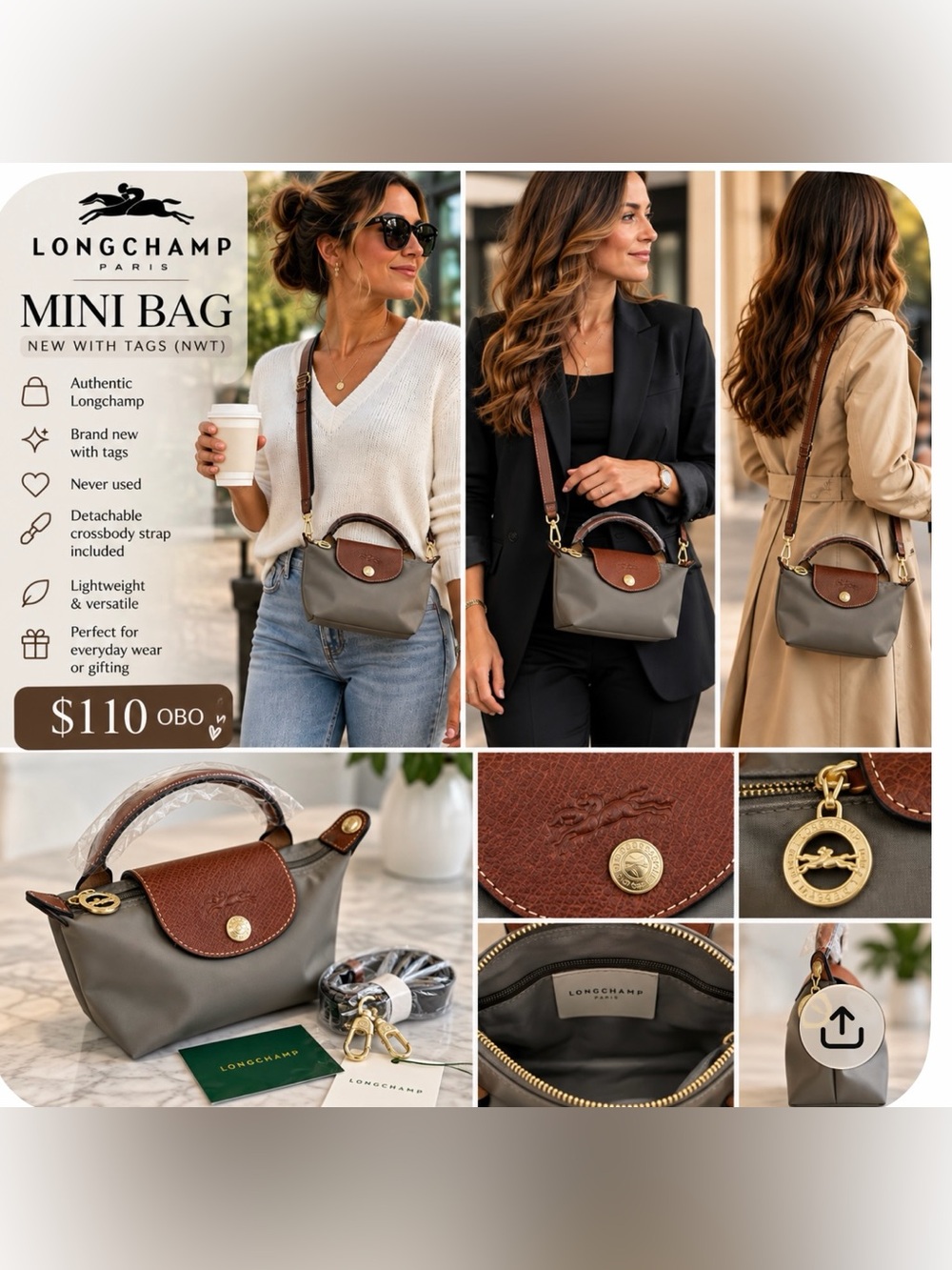 Longchamp Le Pliage Xtra Mini Bag in Gray & Brown NWT
